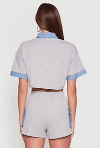Womens Chambray Detail Short Sleeve Crop Top, Grey, Size M
