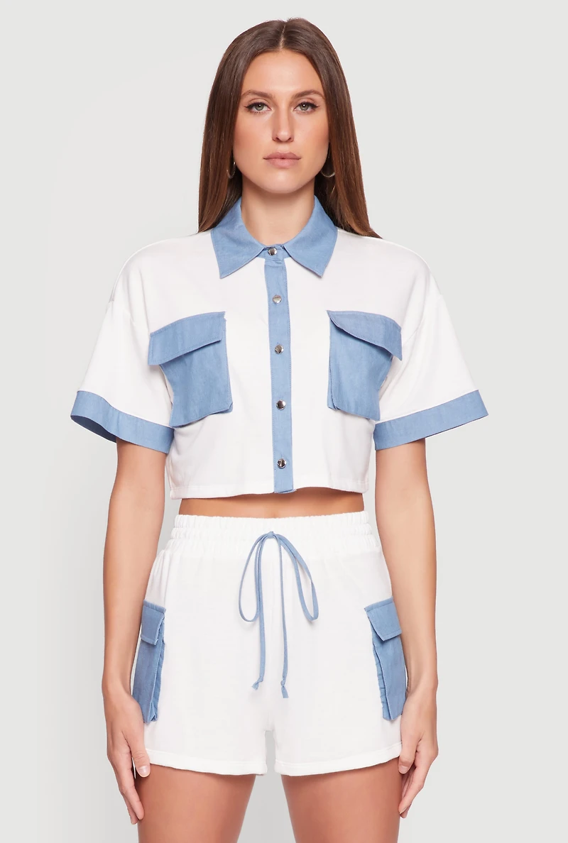 Womens Chambray Detail Short Sleeve Crop Top, Multi, Size M