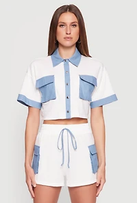 Womens Chambray Detail Short Sleeve Crop Top, Multi, Size M