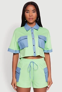 Womens Chambray Detail Short Sleeve Crop Top, Green,