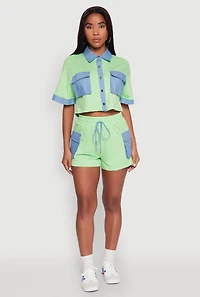 Womens Chambray Detail Short Sleeve Crop Top, M