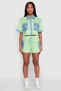 Womens Chambray Detail Short Sleeve Crop Top, Green, Size L