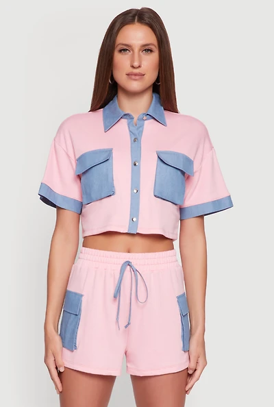 Womens Chambray Detail Short Sleeve Crop Top, Pink, Size L