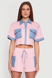 Womens Chambray Detail Short Sleeve Crop Top, Pink, Size L