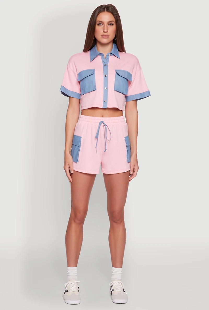 Womens Chambray Detail Short Sleeve Crop Top, Pink, Size L