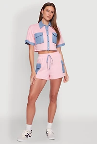 Womens Chambray Detail Short Sleeve Crop Top, Pink, Size L