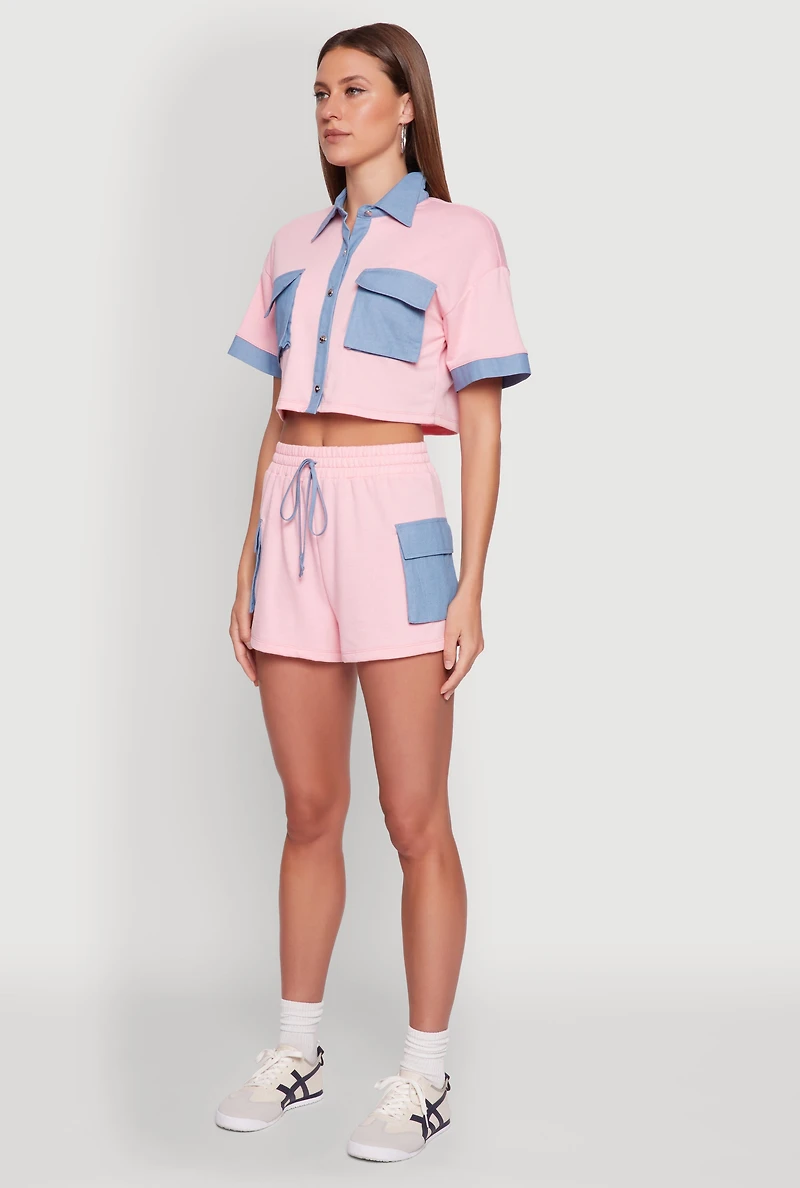 Womens Chambray Detail Short Sleeve Crop Top, Pink, Size L