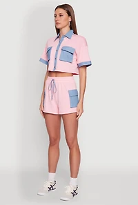 Womens Chambray Detail Short Sleeve Crop Top, Pink, Size L