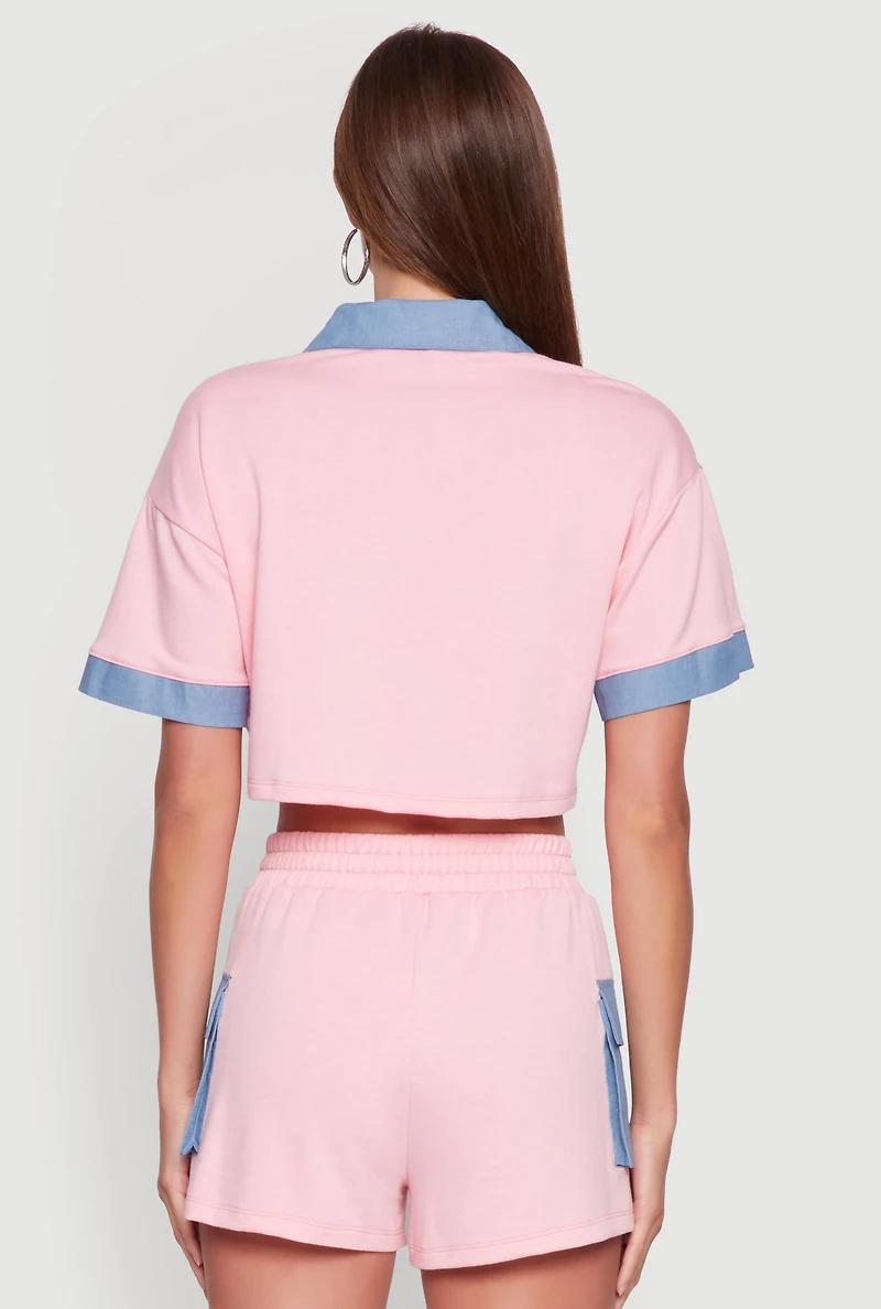Womens Chambray Detail Short Sleeve Crop Top, Pink, Size L
