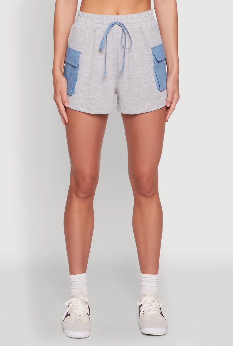 Womens Chambray Cargo Pocket Sweatshorts, Grey,