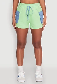 Womens Chambray Cargo Pocket Sweatshorts, Green, Size XL