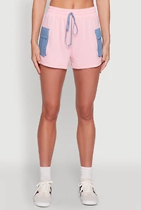 Womens Chambray Cargo Pocket Sweatshorts, Pink, Size M