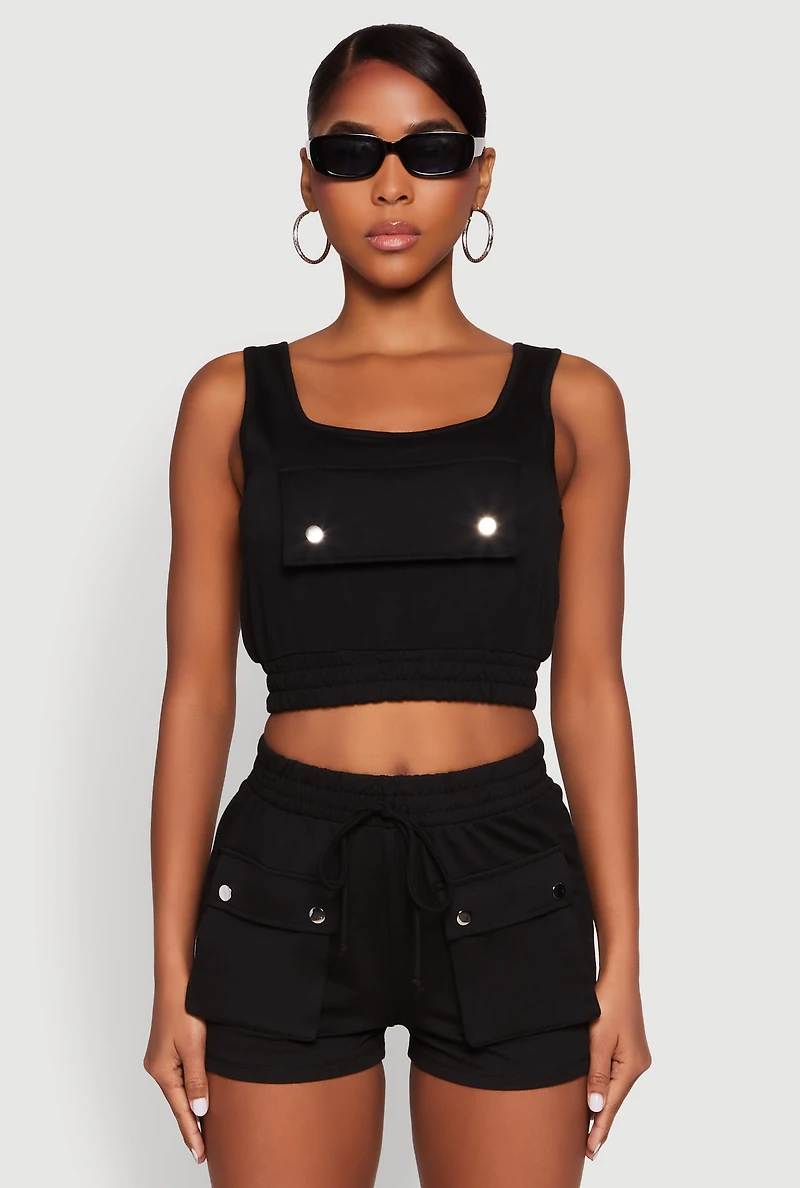 Womens Faux Flap Pocket Crop Top, Black, Size M