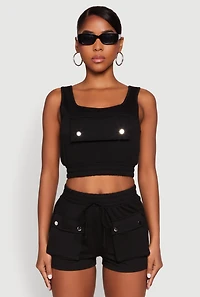 Womens Faux Flap Pocket Crop Top, Black, Size M