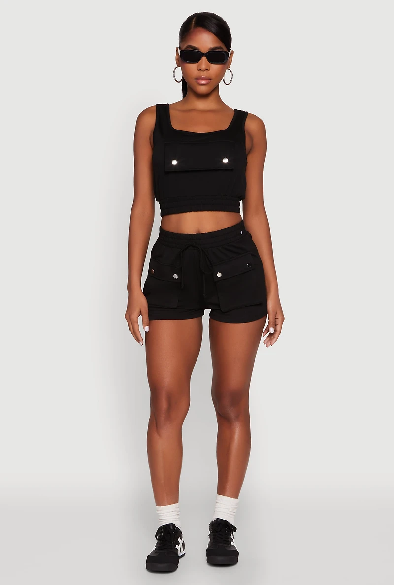 Womens Faux Flap Pocket Crop Top, Black, Size M