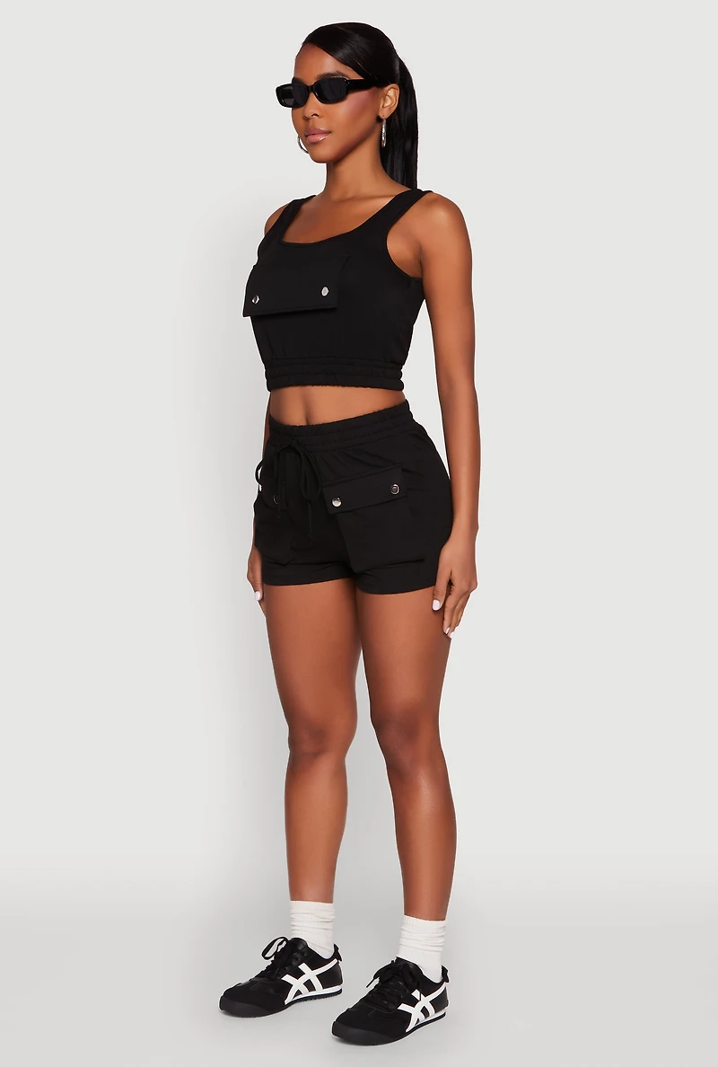 Womens Faux Flap Pocket Crop Top, Black, Size M