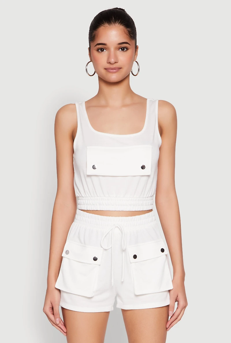 Womens Faux Flap Pocket Crop Top, White, Size L