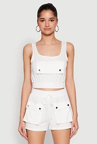 Womens Faux Flap Pocket Crop Top, White, Size L