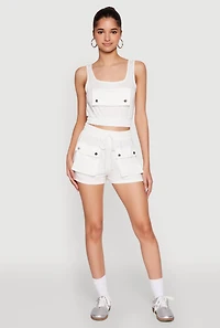 Womens Faux Flap Pocket Crop Top, White, Size L