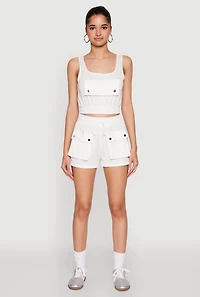 Womens Faux Flap Pocket Crop Top, White, Size L