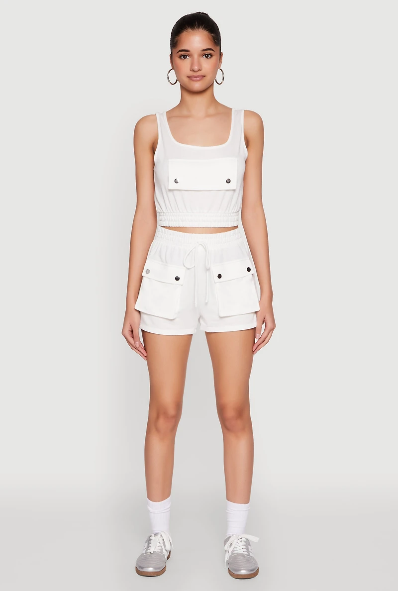 Womens Faux Flap Pocket Crop Top, White, Size M