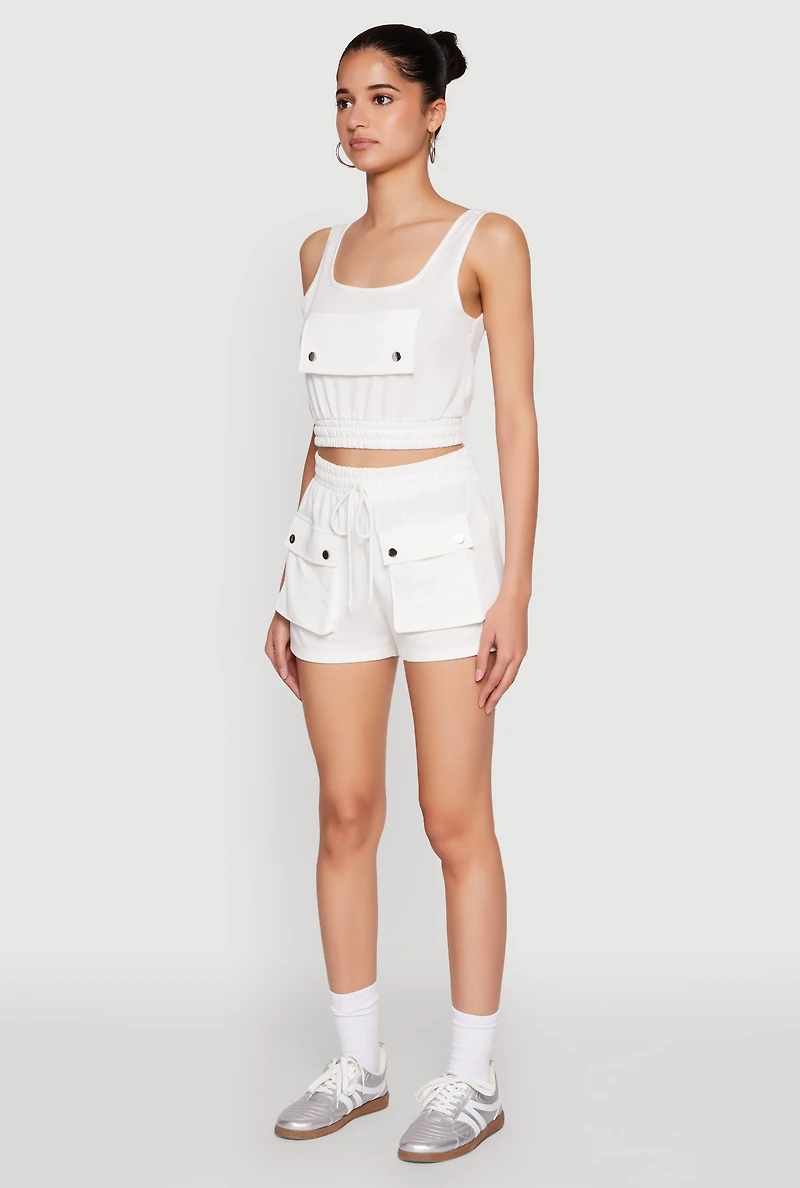Womens Faux Flap Pocket Crop Top, White, Size M