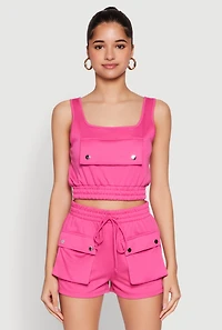 Womens Faux Flap Pocket Crop Top, Pink, Size S