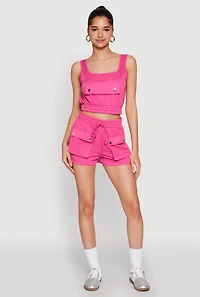 Womens Faux Flap Pocket Crop Top, Pink, Size S