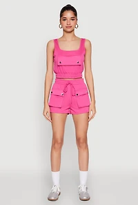 Womens Faux Flap Pocket Crop Top, Pink, Size S
