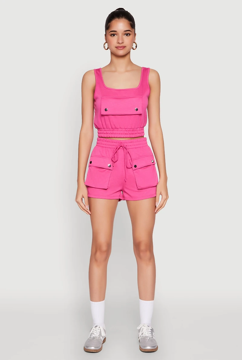 Womens Faux Flap Pocket Crop Top, Pink, Size S