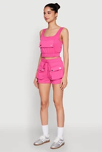 Womens Faux Flap Pocket Crop Top, Pink, Size S