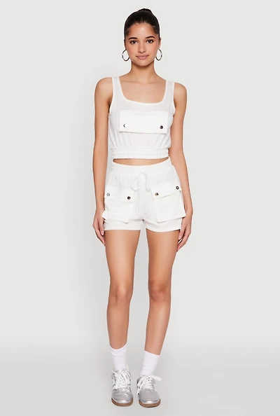 Womens High Waist Cargo Pocket Sweatshorts, White, Size XL
