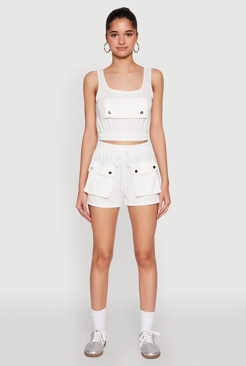 Womens High Waist Cargo Pocket Sweatshorts, White, Size XL