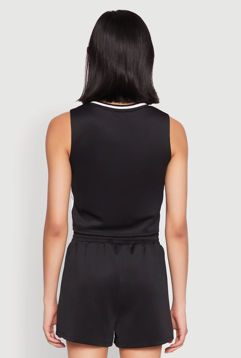 Womens Varsity Stripe Contrast Trim Cropped Tank Top, Black, Size L