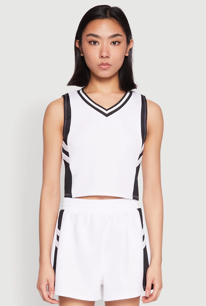 Womens Varsity Stripe Contrast Trim Cropped Tank Top, White,