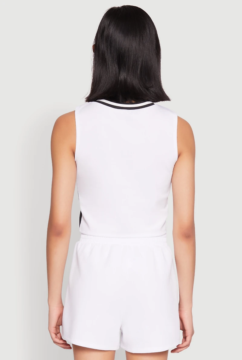 Womens Varsity Stripe Contrast Trim Cropped Tank Top, White,