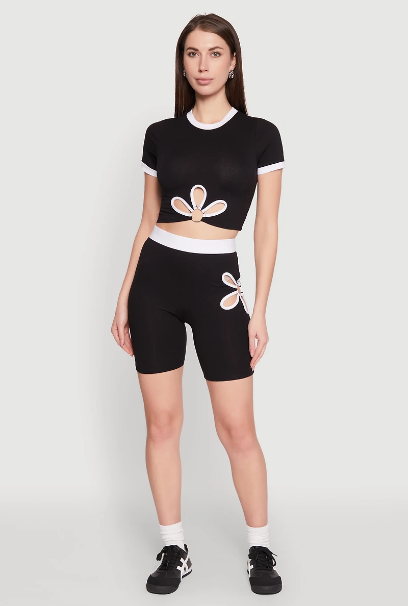 Womens Contrast Trim O Ring Cut Out Crop Top, M