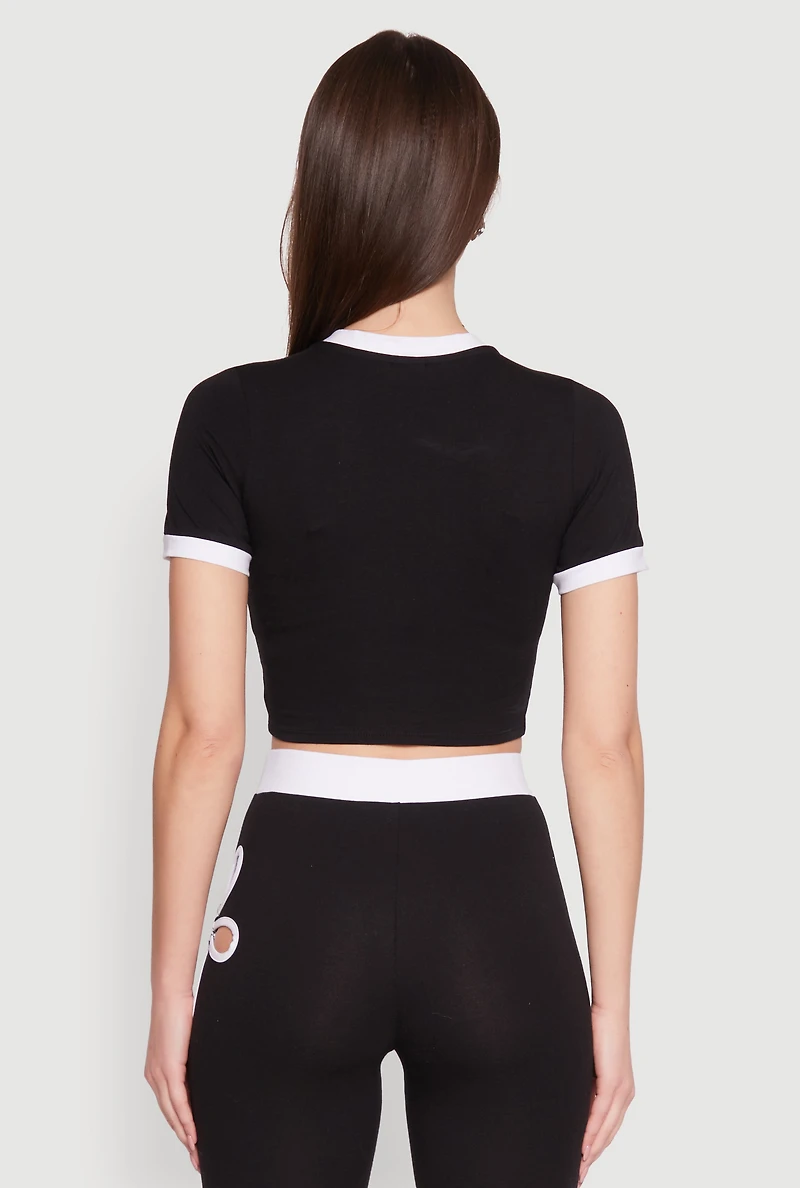 Womens Contrast Trim O Ring Cut Out Crop Top, M