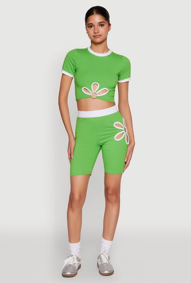 Womens Contrast Trim O Ring Cut Out Crop Top, Green, Size L