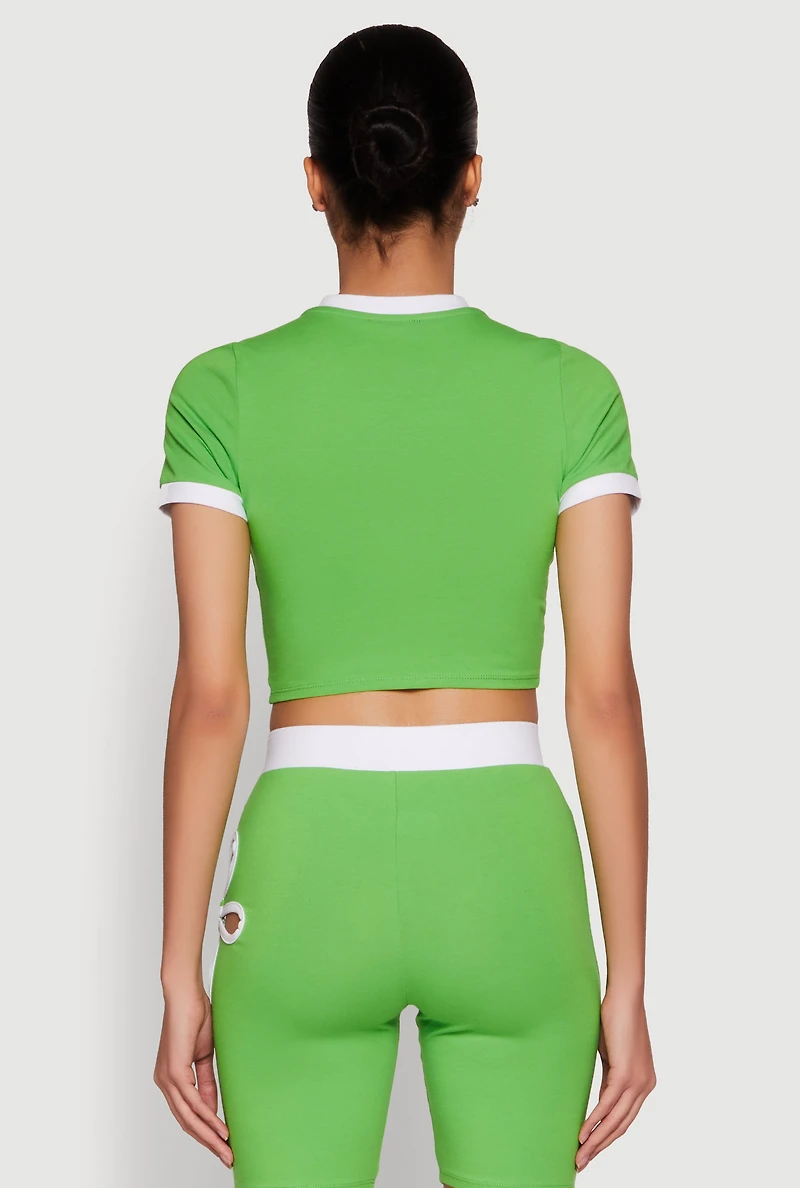 Womens Contrast Trim O Ring Cut Out Crop Top, Green, Size L