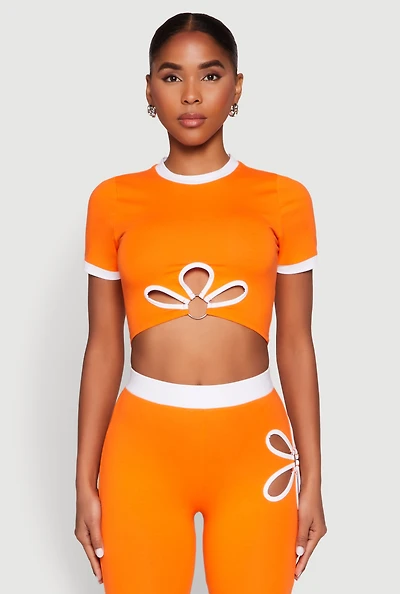 Womens Contrast Trim O Ring Cut Out Crop Top, Orange, Size L