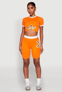 Womens Contrast Trim O Ring Cut Out Crop Top, Orange,