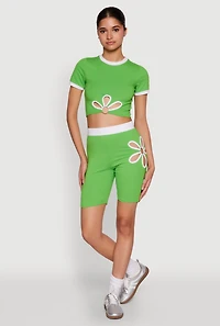 Womens O Ring Flower Cut Out Biker Shorts, Green, Size L