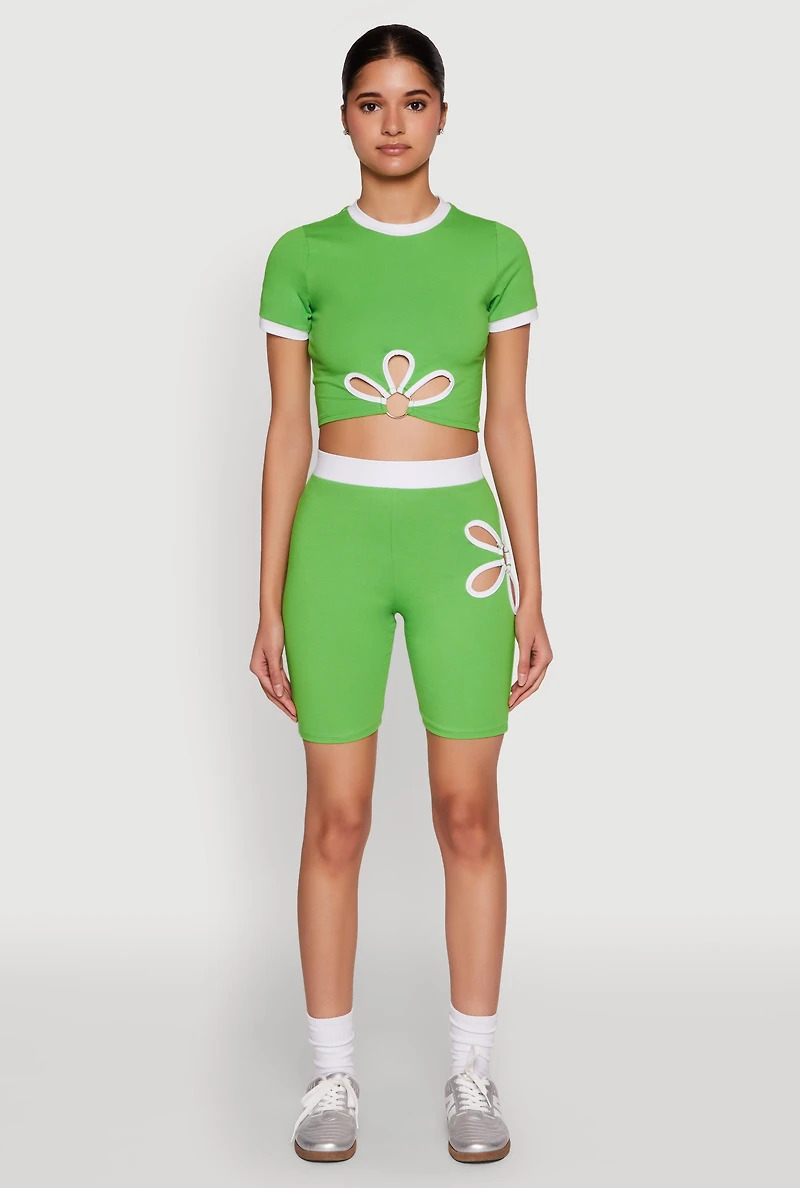 Womens O Ring Flower Cut Out Biker Shorts, Green, Size L