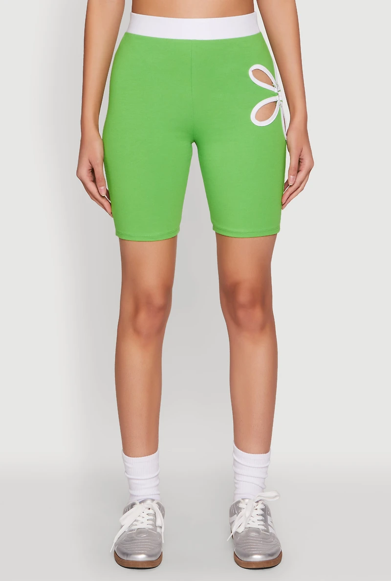 Womens O Ring Flower Cut Out Biker Shorts, Green, Size S