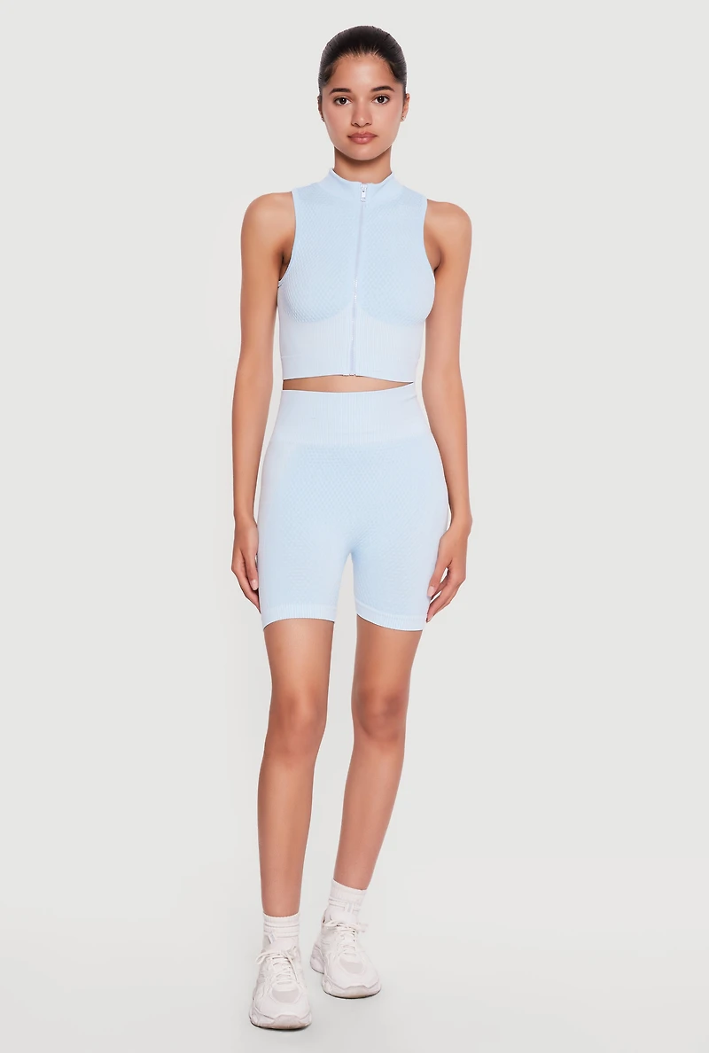 Seamless Zip Front Striped Cropped Active Top