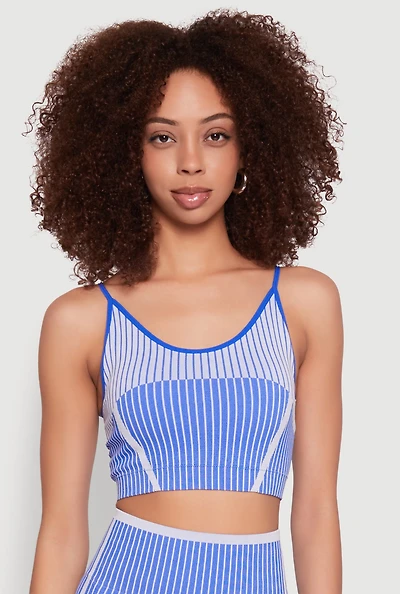 Womens Seamless Color Block Striped Cropped Cami, Blue, Size L-XL