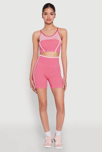 Womens Seamless Striped Biker Shorts, Pink, Size L-XL