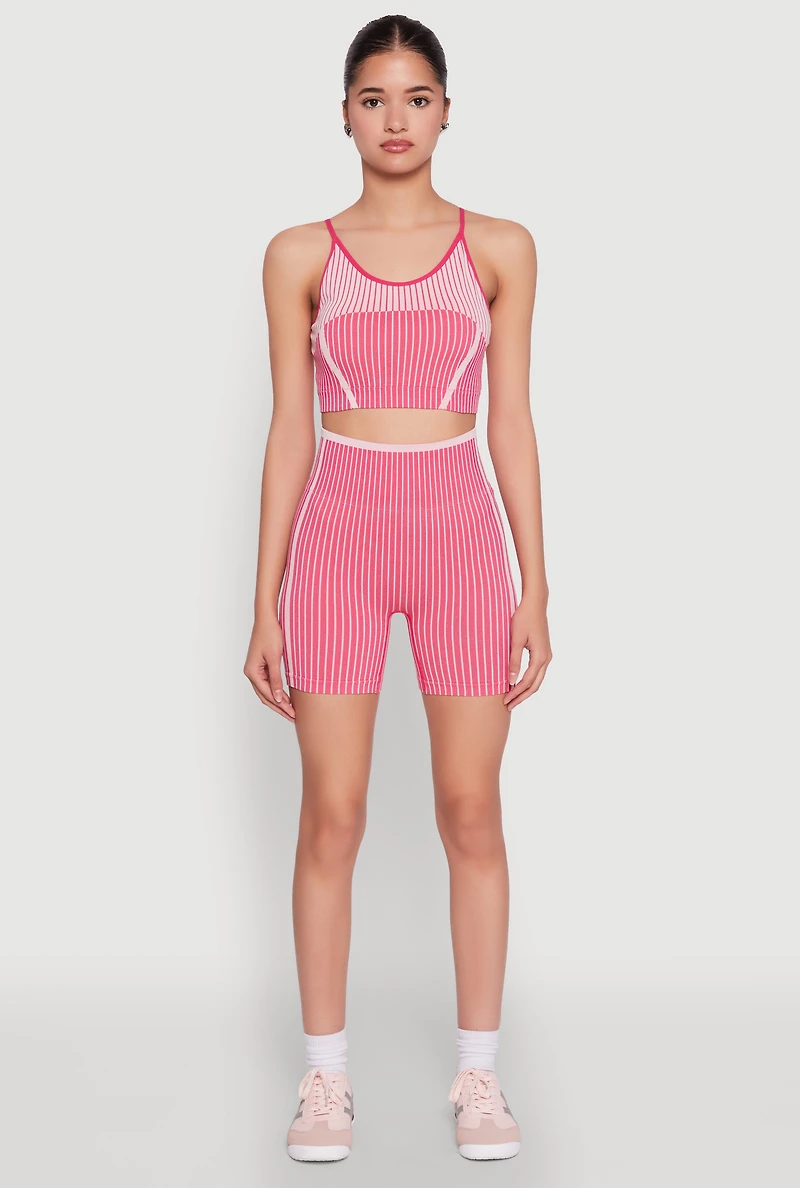 Womens Seamless Striped Biker Shorts, Pink, Size S-M