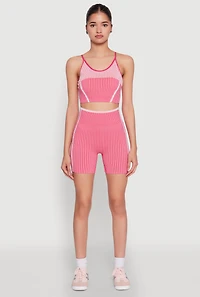 Womens Seamless Striped Biker Shorts, Pink, Size S-M